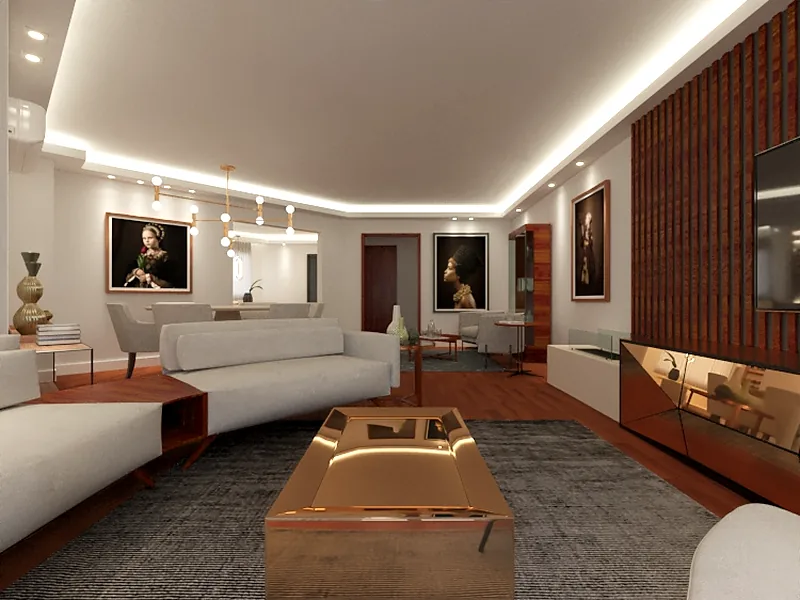 Living finalizado com painel ripado, mesa rose gold e iluminação cênica