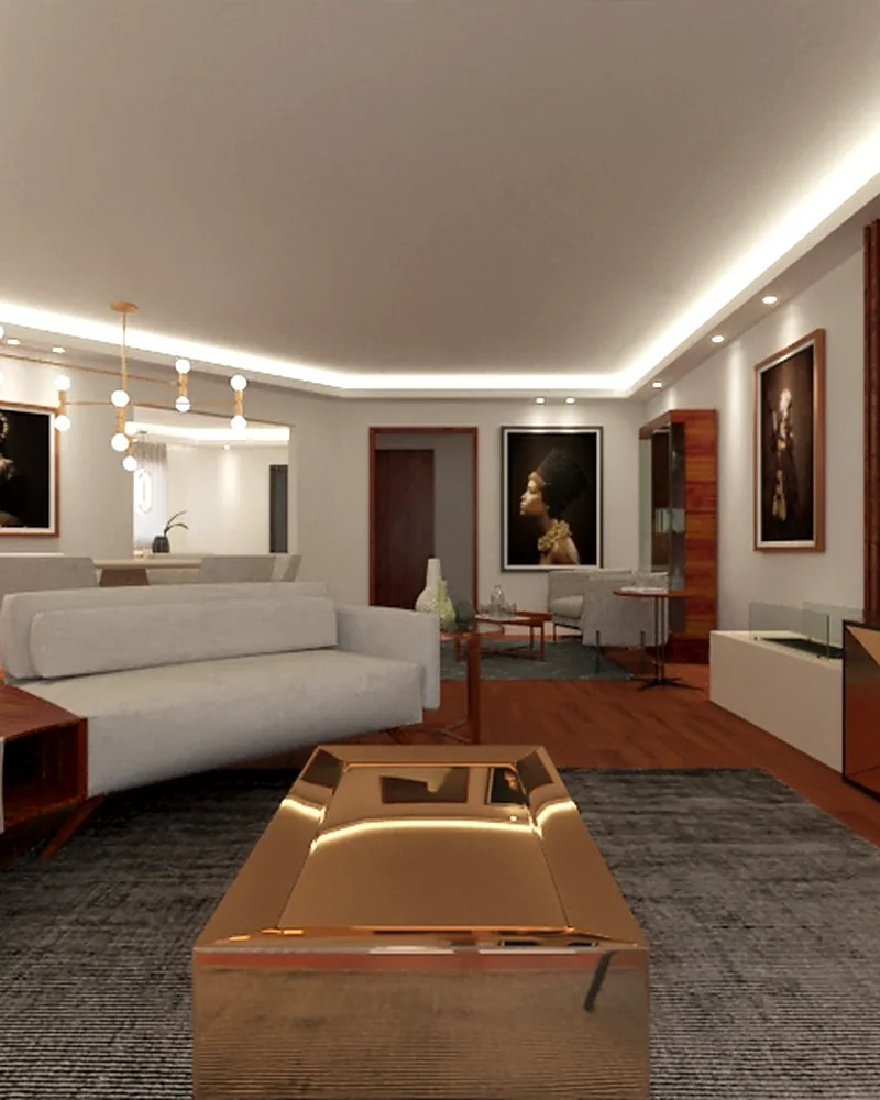 Living contemporâneo com painel ripado e iluminação cênica