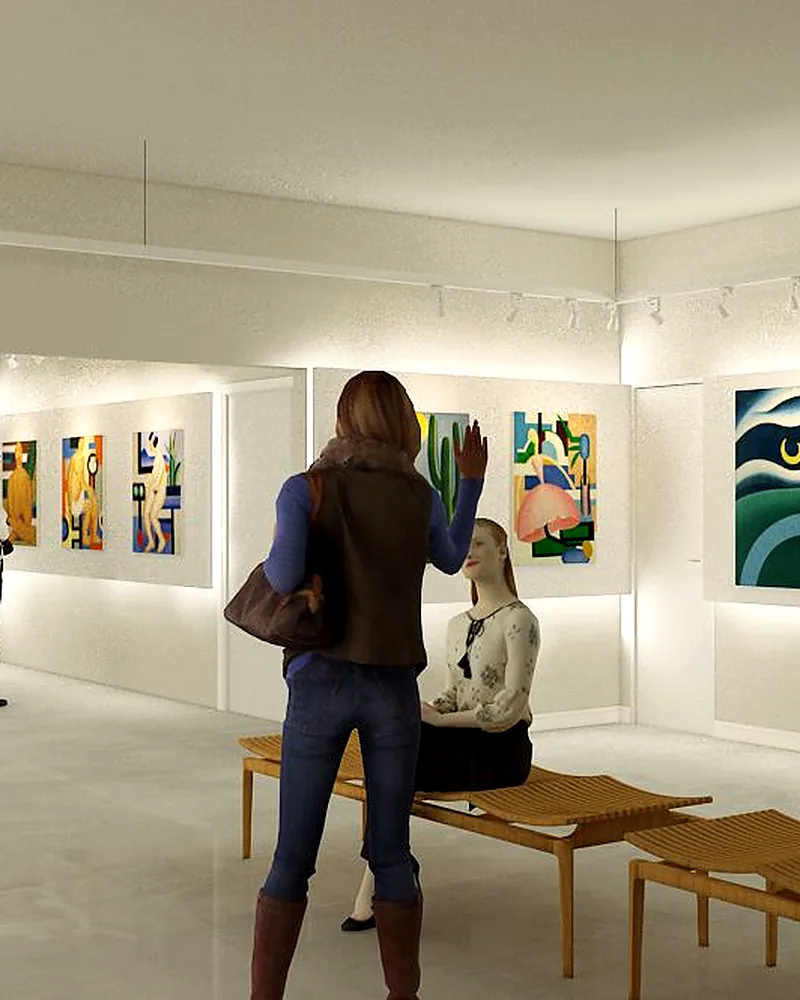 Galeria de arte contemporânea com iluminação museológica