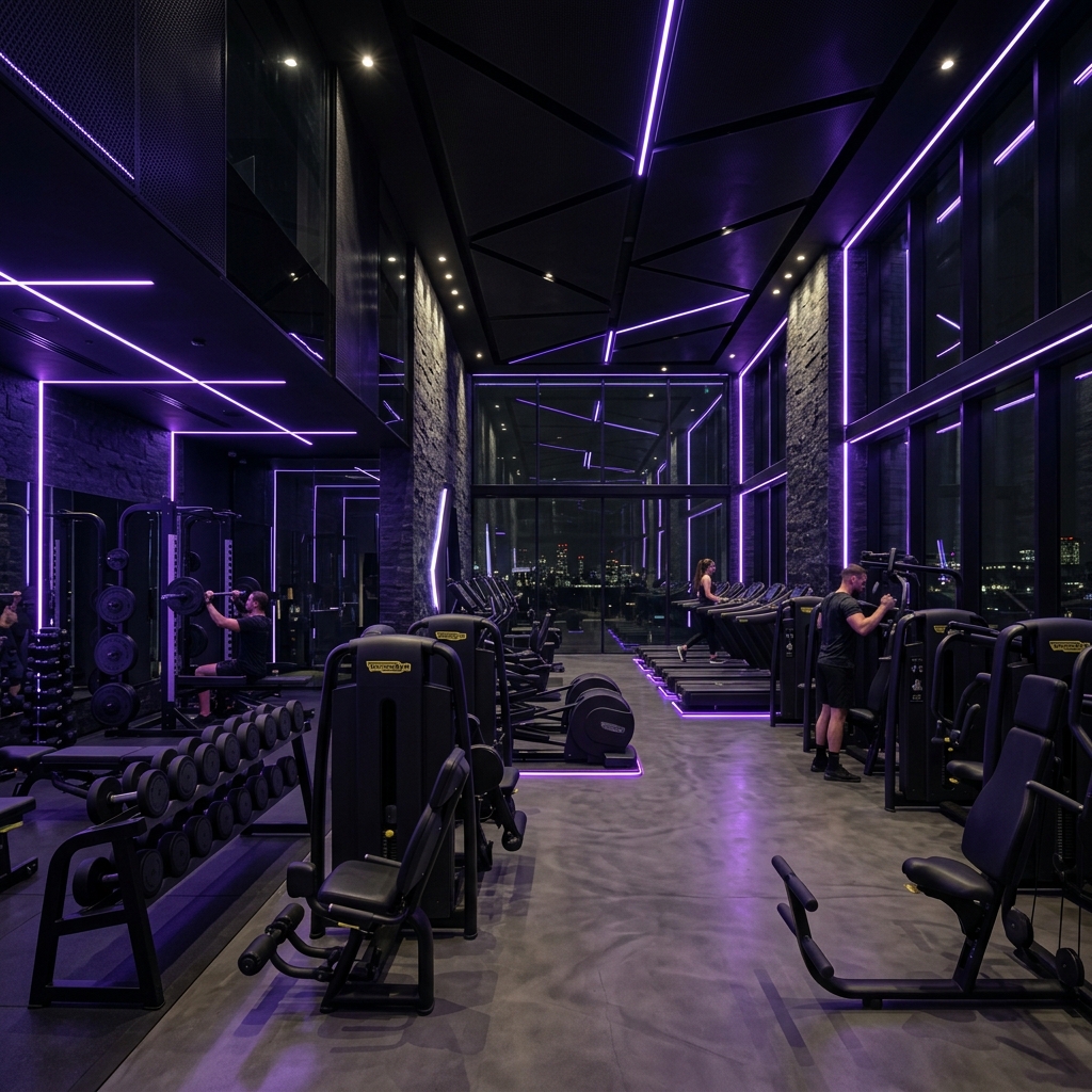 Interior premium da Quadros Gym com iluminação roxa e equipamentos importados